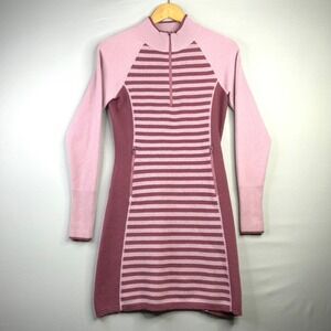 Title Nine Merino Wool Blend Striped Quarter Zip Dress Pink Burgundy XS